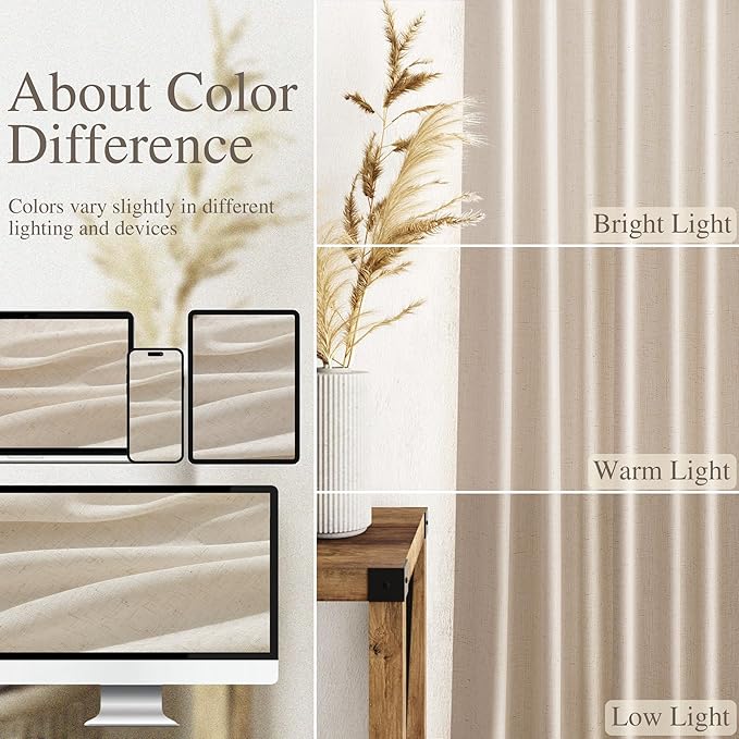 Cream Beige Linen Curtains for Living Room 98 Inches Long Light Filtering Semi Sheer Curtain Back Tab Modern Farmhouse Decor Elegant Luxury Coastal Drapes for Bedroom Dinner Room 52x98, 2 Panels