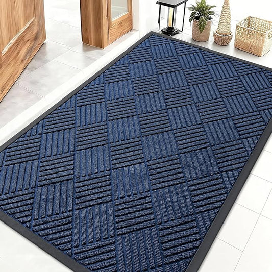 OLANLY Front Door Mat Outside Entrance 47x32, Absorbent, Heavy Duty Sturdy Natural Rubber Doormat Indoor Outdoor, Stain Fade Resistant, Non-Slip Low Profile Floor Mat for Entryway, Navy Blue Diamond