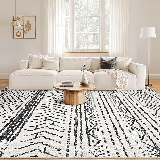 Nakagishi Black Rug Living Room Rugs: 10x14 Machine Washable Boho Large Neutral Modern Soft Moroccan Stain Resistant Indoor Floor Non Slip Accent Carpet for Bedroom Nursery Kids Playroom Office