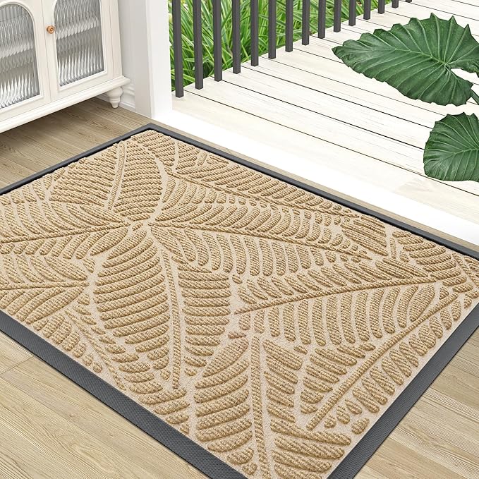 Colorxy Waterproof Doormat, Sturdy Natural Rubber Front Indoor Mat, Non Slip Low Profile Indoor Outdoor Door Mats, Stain and Fade Resistant Floor Mat, Easy Clean Patio Entrance Mat, 36''x24'', Beige