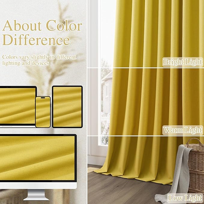 Guken 100% Blackout Curtains 96 Inch Length 2 Panels Set for Living Room Bedroom Back Tab Thermal Insulated Black Out Linen Drapes Room Darkening Celery Yellow,52x96