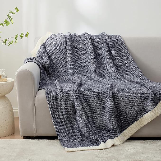 Snuggle Sac Super Soft & Reversible Heather Navy Throw - Oversized Cozy Knit Blanket for Bed, Sofa, Living Room, Twin Size (60x80 Inches)