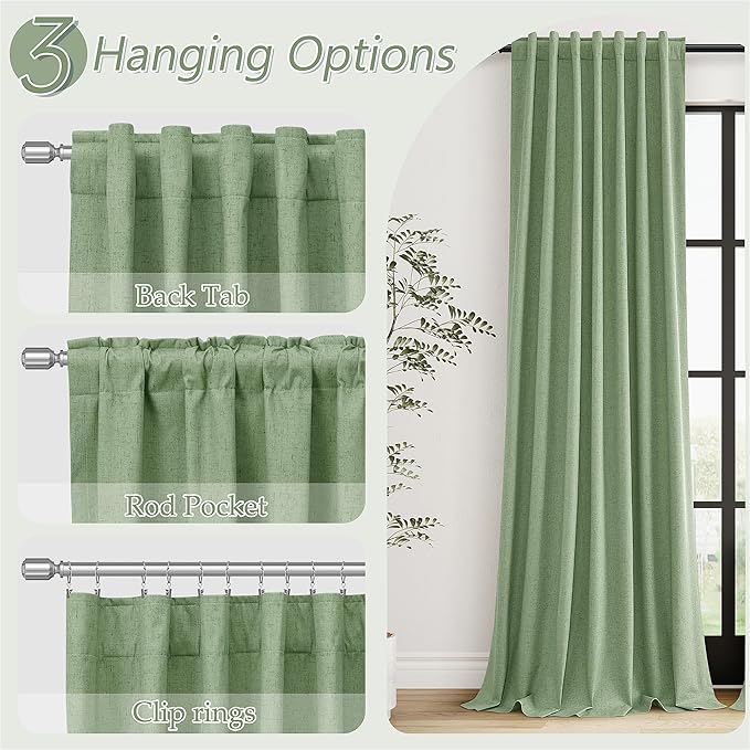 Guken 100% Blackout Linen Curtains 100 Inch Length 2 Panels Set for Living Room Bedroom Back Tab Thermal Insulated Black Out Linen Drapes Room Darkening Window Curtains,Light Sage