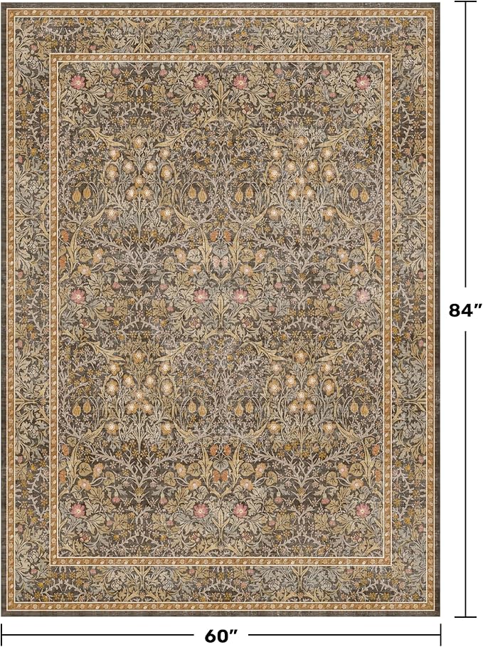 Gold Brown Floral Living Room Rug 5x7 - Vintage Forest Washable Area Rugs for Dining Room, Bedroom, Oriental Distressed Low Pile Non Slip Stain Resistance Indoor Earthy Carpet