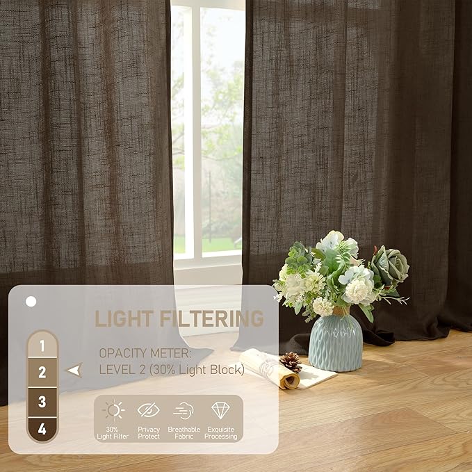 LAMIT Dark Brown Sheer Linen Curtains, 80 inch Light Filtering Semi Sheer Panels Back Tab and Rod Pocket Farmhouse Rust Drapes for Bedroom/Living Room, 2 Panels, 52 x 80 Inch