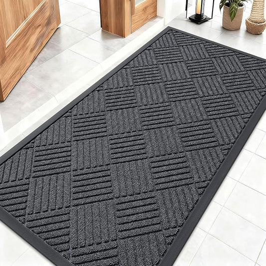OLANLY Front Door Mat Outside Entrance 47x23, Absorbent, Heavy Duty Sturdy Natural Rubber Doormat Indoor Outdoor, Stain Fade Resistant, Non-Slip Low Profile Floor Mat for Entryway, Black Gray Diamond