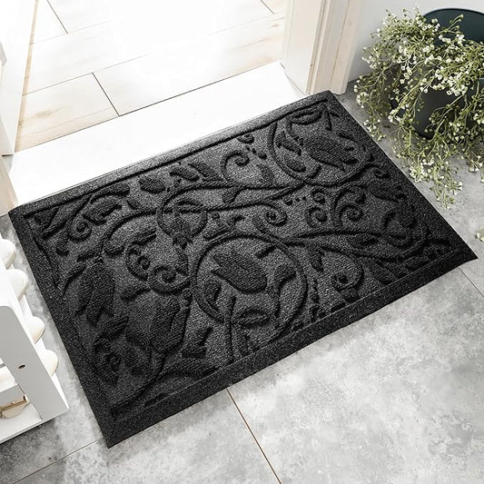Boho Black Floral Leaves Outdoor Indoor Entrance Doormats, Absorbent Durable Heavy Duty Welcome Front Door Mat,Thick Natural Rubber Back,Easy Clean Entryway Mat 23x35 Inch, Low Profile