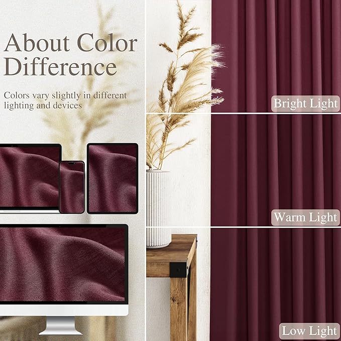 Burgundy Linen Curtains 90 Inch Long 2 Panels Set for Bedroom Living Room Linen Textured Window Drapes Semi Sheer Light Filtering Rod Pocket Back Tab Cotton Textured Farmhouse Curtain 52x90