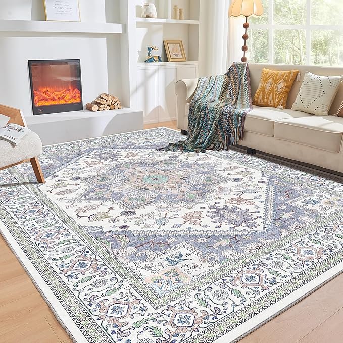OPPODREAM Soft Area Rugs 3x5, Washable Rugs with Non Slip Backing, Low-Pile Throw 3x5 Carpet, Faux Cashmere 3 x 5 Carpet, Purple & Green & Cream