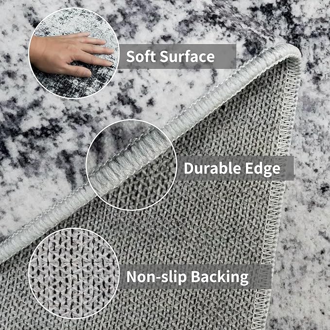 3x6 Washable Entryway Runner Rug: Non Slip Wide Hallway Runners Easy-to-Clean - Soft Living Room Bedroom Kitchen Carpet - Thin Low Pile Printed Floor Mat for Dining Room Black Grey