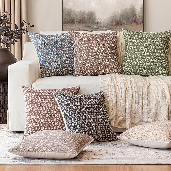 Foindtower Set of 2 Decorative Neutral Floral Print Throw Pillow Covers Vintage Accent Farmhouse Cushion Covers Boho Home Decor for Sofa Couch Chair Bedroom Living Room,22×22 Inch,Dusty Blue