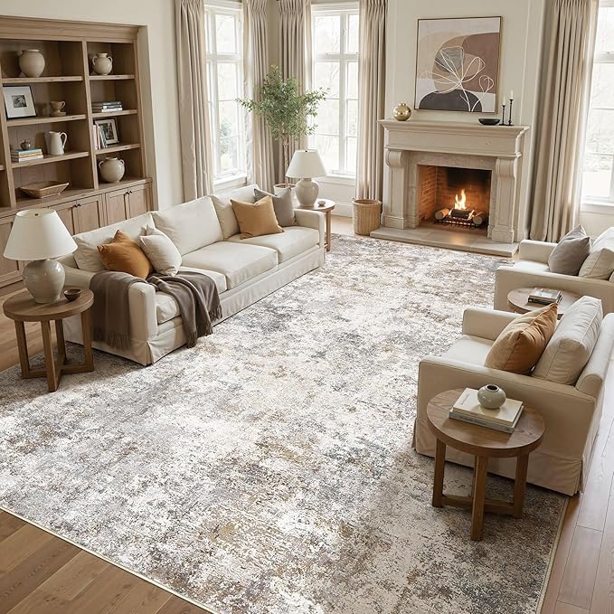 UERMEI 11x14 Area Rug Living Room Rugs - Washable Neutral Modern Abstract Soft Thin Large Rug Indoor Floor No Slip Rug Carpet for Bedroom Under Dining Table Home Office Decor - Brown Grey