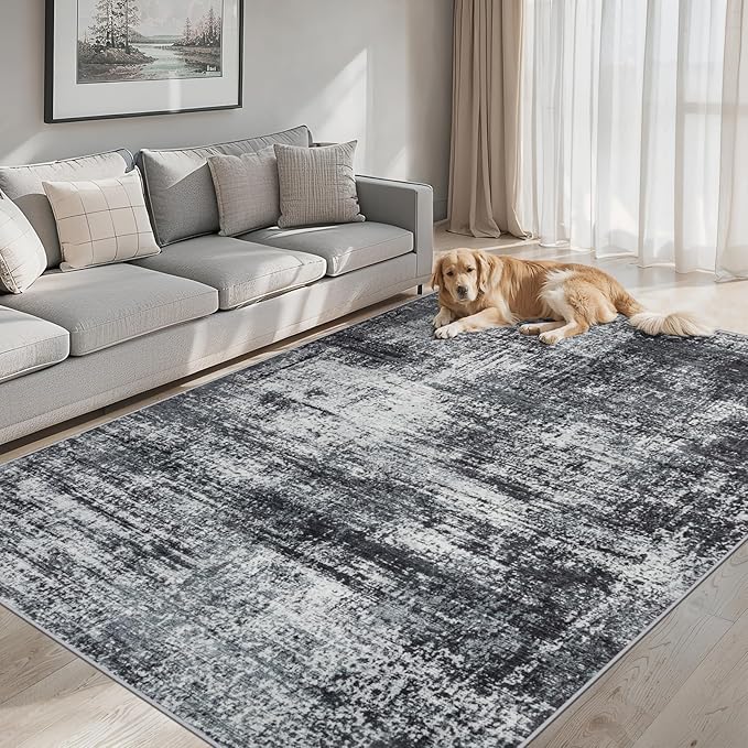 Area Rugs 10x12 Living Room - Washable Rug Modern Abstract Soft Large Neutral Non-Slip Carpet Indoor Floor Thin Carpets for Bedroom Dining Room Farmhouse Nursery Home Office Dark Black