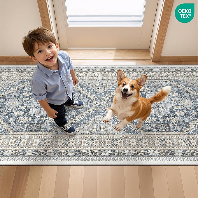Kitchen Runner Rug Non Slip Washable 2.5x8, Soft Low Pile Entryway Rug Runners for Hallways,Carpet Runner for Living Room,Kitchen, Laundry, Bathroom(Blue/Beige,2.5'x8')