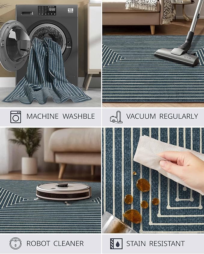 Latte&Fog 6x9 Area Rugs for Living Room Bedroom, Blue Modern Abstract Washable Rug, Boho Non Slip Low Pile Carpet for Indoor Dining Room, Dorm, Classroom, College Dorm, Farmhouse and Kids Room - Blue