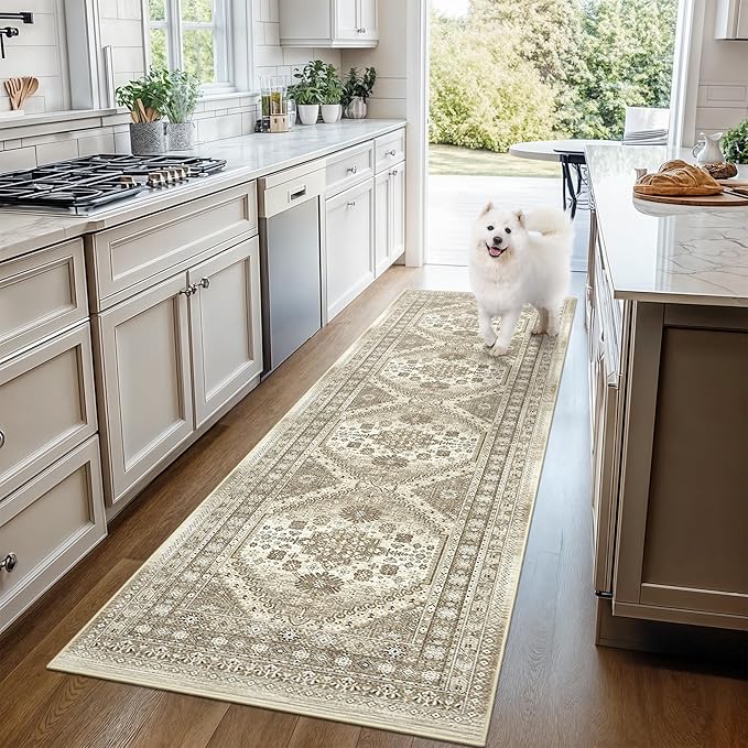 Washable Runner Rug 2.5x16, Non-Slip Long Kitchen Mats for Floor, Vintage Rug for Entryway, Soft Hallway Runner for Dining Room, Bedroom, Living Room(Brown,2.5'x16')