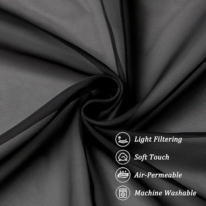 Chyhomenyc Black Sheer Valances for Windows 2 Pack, 42W x 14L Inches Small Window Curtains for Living Room Bathroom Cafe Laundry Basement, Elegant Top Dual Rod Pocket Voile Curtain