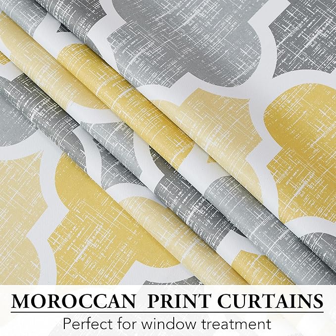 Beauoop 100% Blackout Curtains 84 Inches Long 2 Panels for Bedroom Living Room Yellow Grey Moroccan Geo Room Darkening Thermal Insulated Soundproof Grommet Top Window Treatments Drapes, 50x84 Set of 2