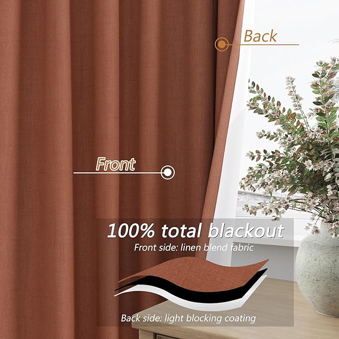 Guken Terracotta 100% Blackout Curtains 84 Inch Length 2 Panels Set Fall Curtains for Living Room Bedroom Back Tab Thermal Insulated Black Out Linen Drapes，52x84