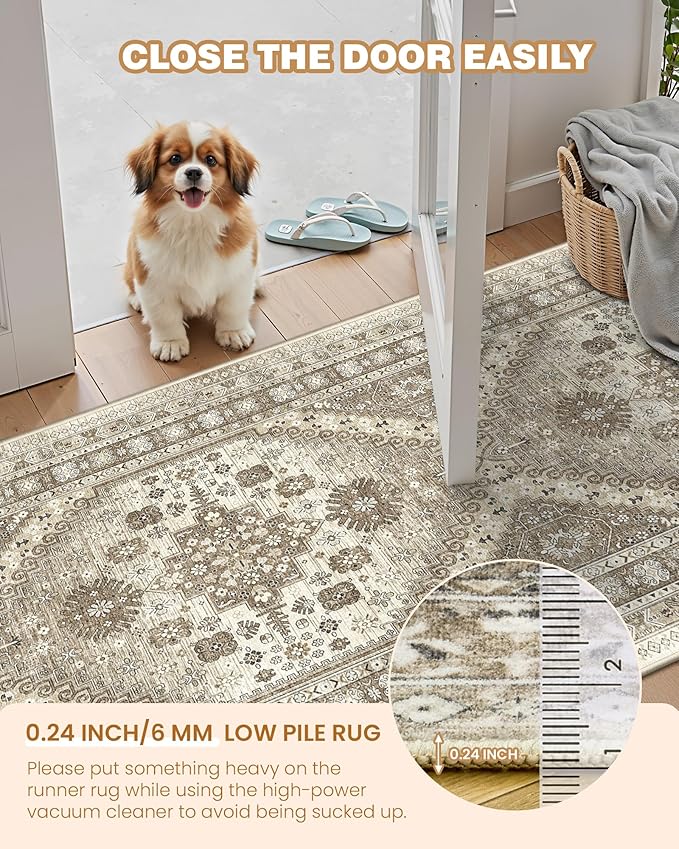 Washable Runner Rug 2.5x16, Non-Slip Long Kitchen Mats for Floor, Vintage Rug for Entryway, Soft Hallway Runner for Dining Room, Bedroom, Living Room(Brown,2.5'x16')