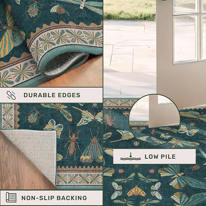 Hazo Haus Oriental Blue and Green Area Rugs for Living Room 6x9 - Insect & Butterfly Dining Table Rug, Bedroom Boys, Washable Non Skid Rubber Backed, Vintage Funky Home Décor