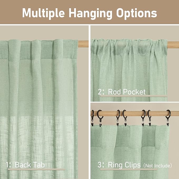 LAMIT Sheer Linen Curtains 63 Inch for Bedroom, Light Filtering Neutral Semi Sheer Farmhouse Boho Curtains Back Tab and Rod Pocket Living Room Panels, Fresh Green, 2 Panels, 52 x 63 Inch