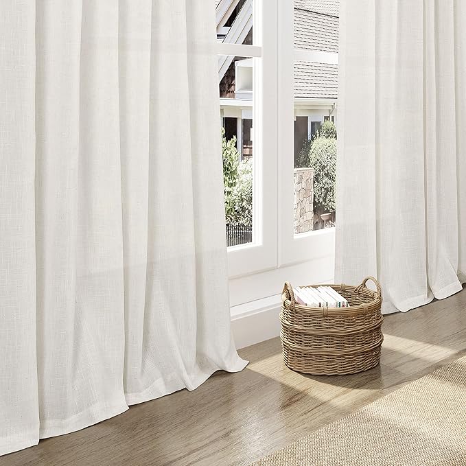 Cream Linen Curtains Back Tab Sheer Curtains 90 Inches Long for Living Room 2 Panels Rod Pocket Neutral Semi Sheer Light Filtering Pleated Curtain Drapes Cream Farmhouse Dining Room Curtain 42x90