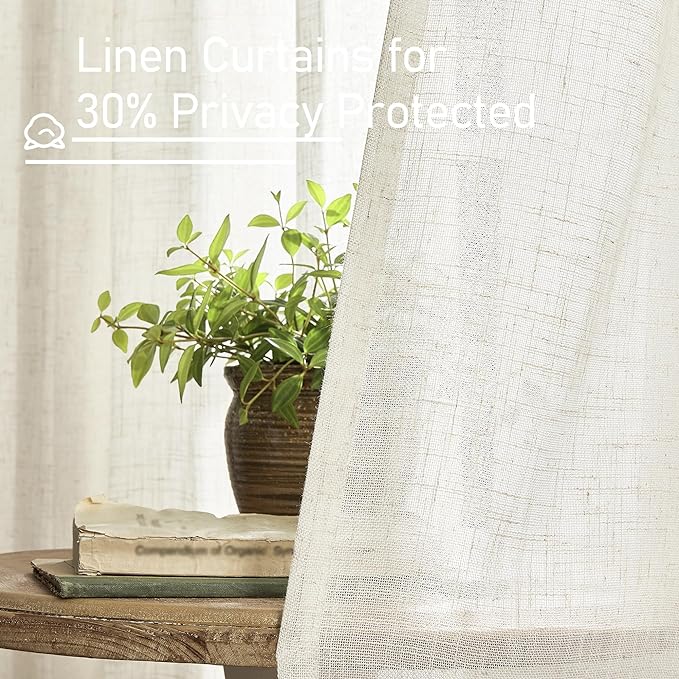 LAMIT Ivory 90 Inches Long Linen Sheer Curtains for Living Room, Back Tab and Rod Pocket Nautral Curtains Light Filtering Boho Panels for Bedroom/Dining Room, Set of 2, 52 x 90 Inch