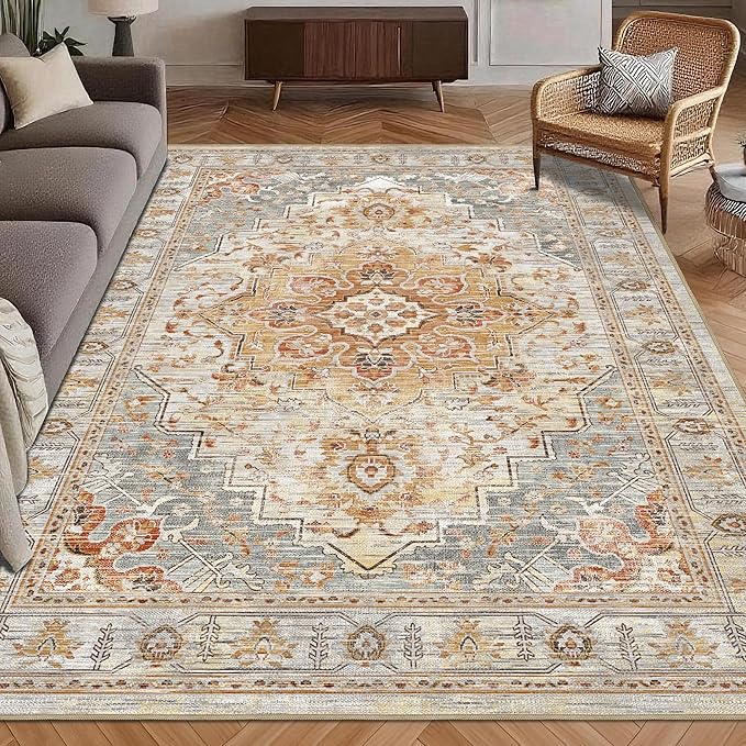 Washable Area Rug 9' x 12' Vintage Traditional Persian Mat - Foldable Distressed Non-Slip Machine Washable Carpet for Living Room Bedroom Kitchen Home Decor - Dove Gray and Coral