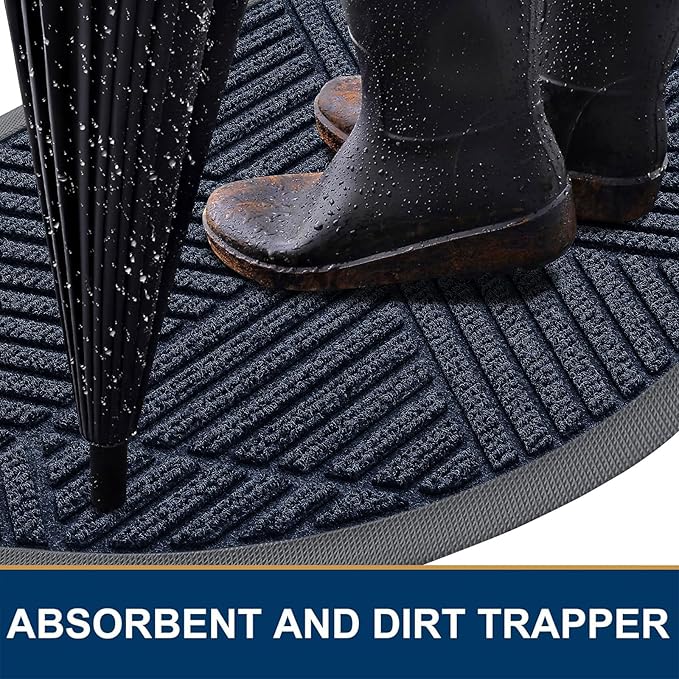 Smiry Half Circle Front Door Mat Outside Entrance, Heavy Duty Sturdy Natural Rubber Doormat, Trap Dirt and Moisture, Low Profile Mats for Indoor Outdoor Entry, Irregular Triangle (35x23, Navy Blue)