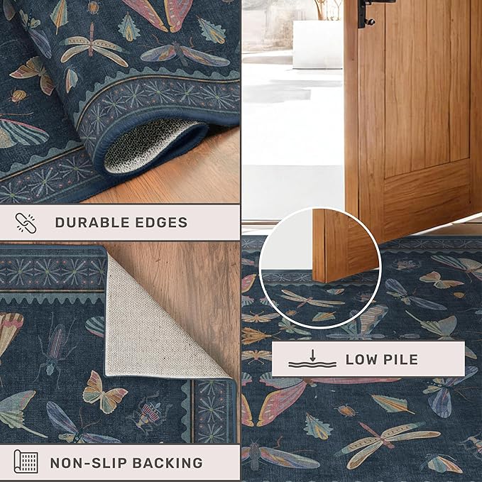 Vintage 2x6 Navy Blue Bathroom Rugs - Washable Insect Runners for Kitchen Floor, Hallway, Low Pile & Soft Non Slip Bedroom Carpet with Rubber Backing, Dark Retro Moth Decor