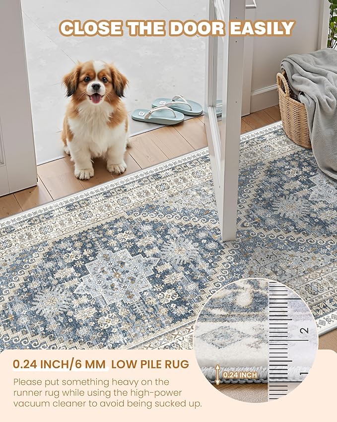 Washable Runner Rug 2.5x16, Non-Slip Long Kitchen Mats for Floor, Vintage Rug for Entryway, Soft Hallway Runner for Dining Room, Bedroom, Living Room(Blue/Beige,2.5'x16')