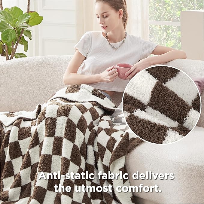 Bedsure GentleSoft Checkered Throw Blanket for Couch - Super Soft Cozy & Warm Knit Brown Blanket, Breathable, Lightweight & Fluffy Plaid Blankets for Bed,Sofa, Gifts for Women Men, 50x60 Inches