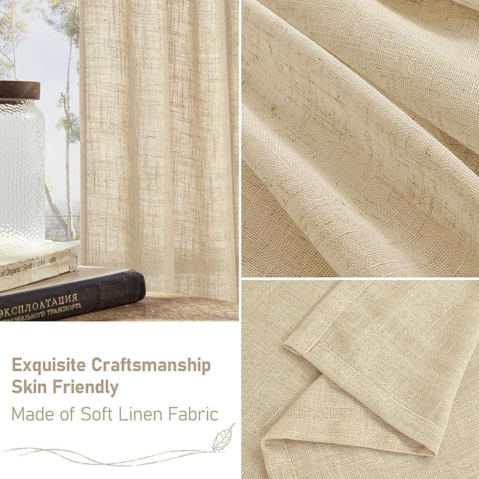 LAMIT Light Filtering Linen Curtains 78 inches Long for Bedroom, Faux Linen Textured Semi Sheer Back Tab and Rod Pocket Boho Modern Drapes for Living Room/Farmhouse, Linen, 2 Panels, 52 x 78 Inch