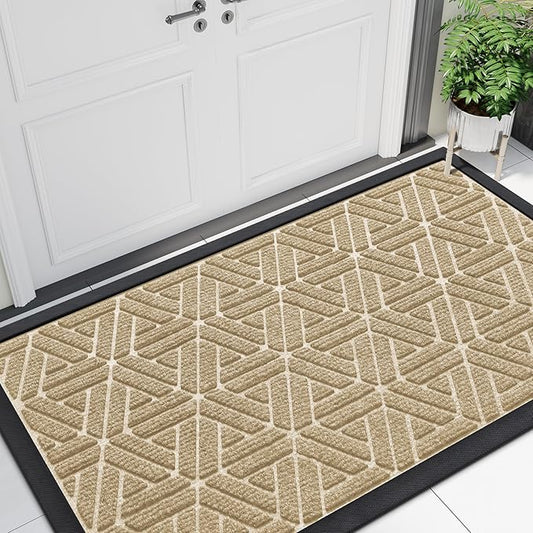 Smiry Front Door Mat Outside Entrance, Heavy Duty Sturdy Natural Rubber Doormat, Trap Dirt and Moisture, Easy Clean Low Profile Mats for Indoor Outdoor Entry, Grid Geometric (47x23, Beige)