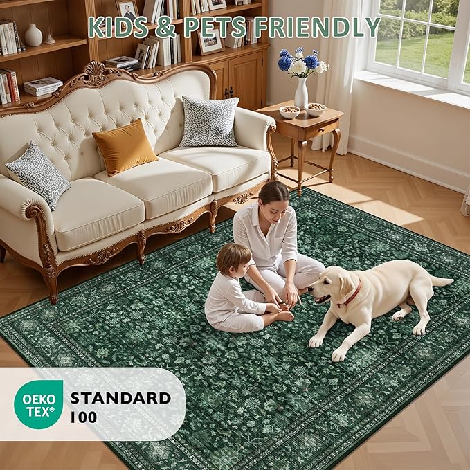 8x10 Area Rugs for Living Room: Washable Rug Soft Vintage Distressed Floral Carpet Indoor Non-Slip Stain Resistant Large Carpets for Bedroom Dining Room Farmhouse Nursery Home Office Deep Green
