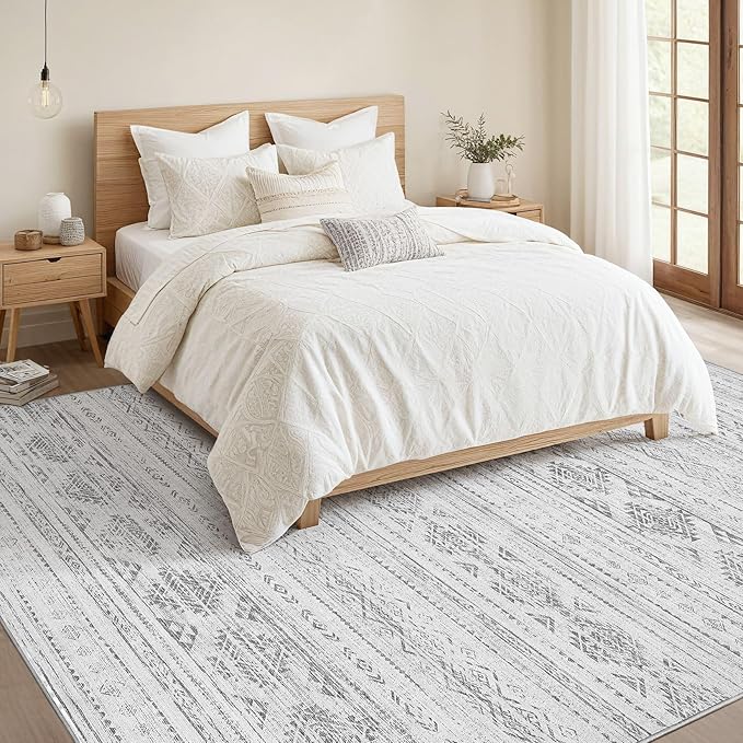 Nakagishi 7x9 Area Rug Living Room: Washable Boho Large Neutral Soft Farmhouse Modern Rugs Stain Resistant Moroccan Non-Slip Indoor Carpet for Bedroom Nursery Kids Office Dining Room- Dark Grey