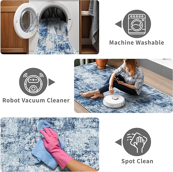 3x12 Washable Hallway Runner Rug: Non Slip Carpet Runners Easy-to-Clean - Soft Living Room Bedroom Kitchen Rugs - Thin Low Pile Printed Floor Mat for Dining Room Neutral Blue