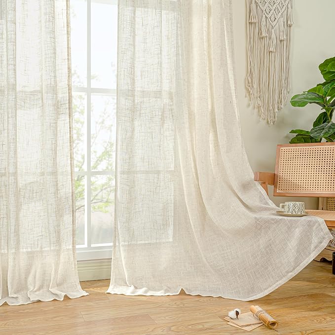 LAMIT Extra Wide Linen Curtains for Bedroom, Natural Cream Ivory Light Filtering Faux Linen Textured Panels Semi Sheer Back Tab and Rod Pocket Boho Drapes for Living Room, 2 Panels, 60 x 84 Inch