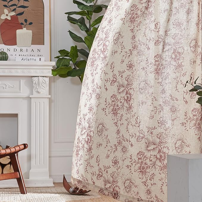 jinchan Linen Blend Curtain Floral Curtains for Living Room 84 Inch Length Farmhouse Brick Red Printed Curtain Rod Pocket Back Tab Peony Flower Patterned Drapes Curtains Set 2 Panels