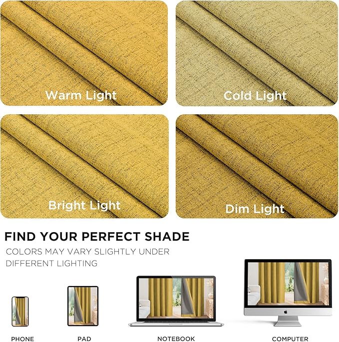 Joydeco Blackout Curtains for Bedroom - 100% Light Blocking 2 Panels Set Yellow Drapes 42" W x 96" L, Thermal Insulated Room Darkening Curtains, Linen Textured for Living Room, Rod Pocket & Back Tabs