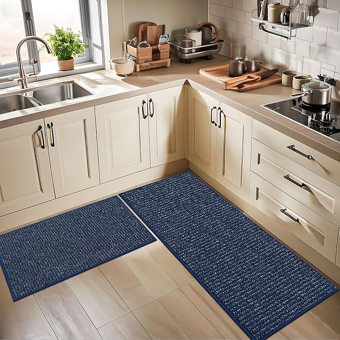 BEQHAUSE Kitchen Rugs 24"x36", Non-Slip Kitchen Mats for Floor, Super Absorbent and Stain Resistant Kitchen Rugs, Machine Washable Rugs for Kitchen, Hallway, Laundry & Sink, Blue