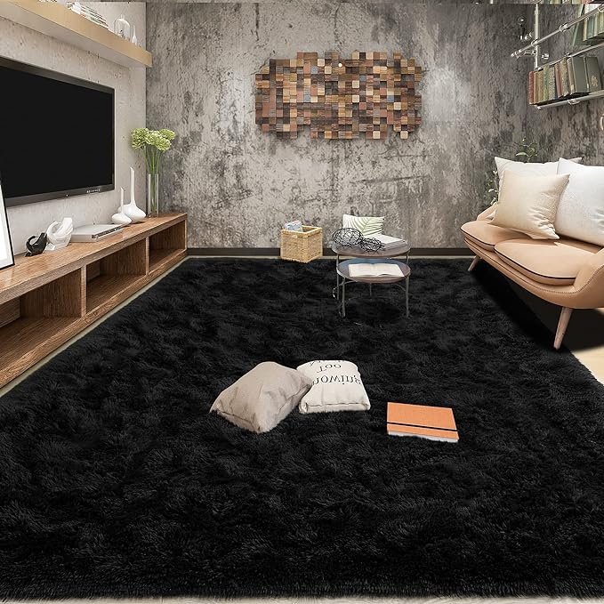 Tepook Super Soft Fluffy Rug for Bedroom, Modern Shaggy Fuzzy Kids Rugs for Living Room, Plush Indoor Nursery Home Decor Dorm Carpet with Non-Slip Bottom, Black, 4 X 6 Feet
