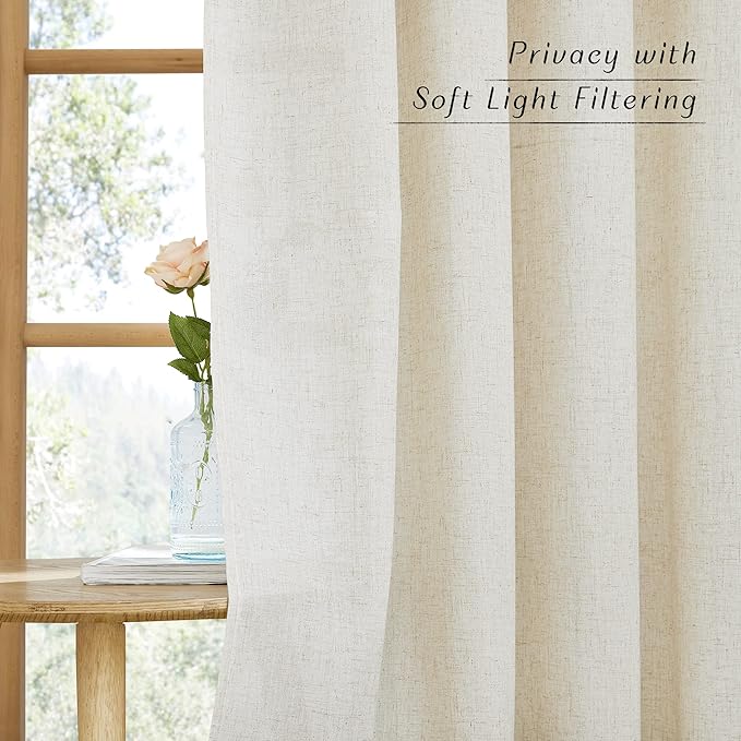 NICETOWN Linen Curtains 96 inches Long for Living Room, Grommet Semi Sheer Drapes Linen Weave Window Treatments Privacy Added with Light Filtering for Bedroom, Natural, W34 x L96, 2 Panels