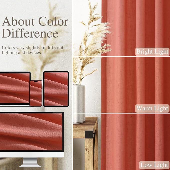 Nanspring Coral Linen Curtains 120 Inches Long 2 Panels Set Back Tab Loop Pocket Light Filtering Semi Sheer Boho Large Window Decor Extra Long Drapes for High Ceiling Living Room 52x120