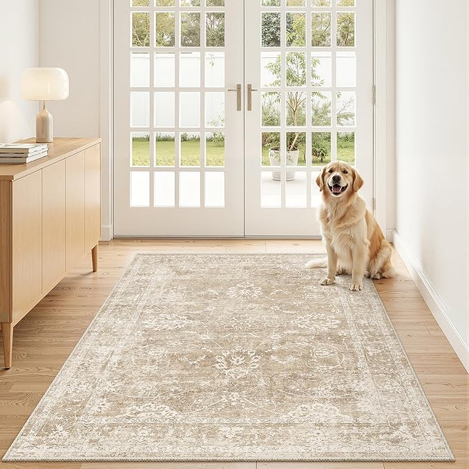 Madane 3x5 Area Rugs for Entryway,Washable Vintage Low Pile Non-Slip Throw Area Rugs, Accent Rug Floral Print Indoor Mat for Bedside Living Room Kitchen Bedroom, Beige/Brown