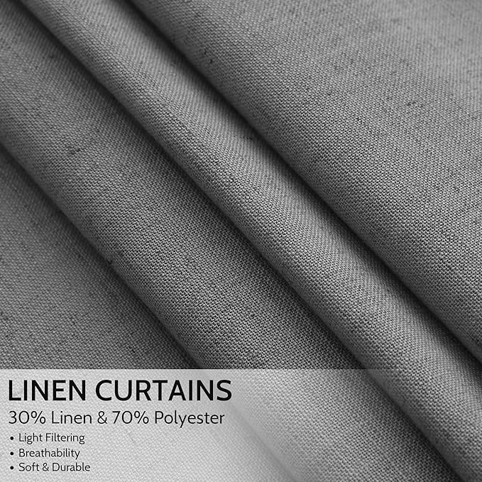 Nanspring Blazer Grey Curtain Linen Blend Light Filtering Back Tab Curtains 96 Inches Long, Semi Sheer Privacy Drapes for Living Room & Bedroom, 52x96 inch, 2 Panels