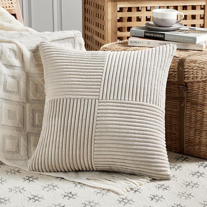 Fancy Homi 2 Packs Neutral Taupe Samll Decorative Throw Pillow Covers 12x12 Inch with for Couch Bed Sofa, Rustic Farmhouse Boho Home Decor, Soft Corss Patchwork Corduroy Square Cushion Case 30x30 cm