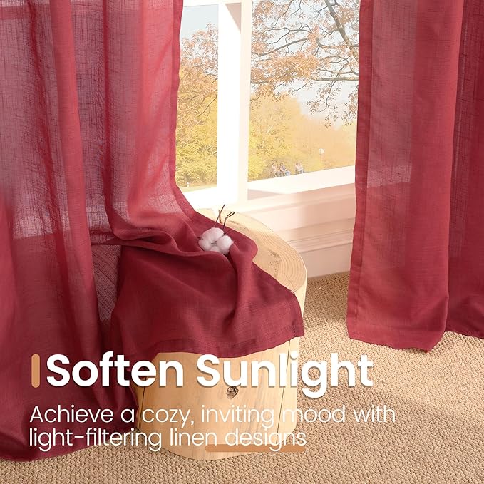 BGment Burgundy Linen Curtains 63 Inches Long for Living Room, Semi Sheer Window Drapes Lightweight Rustic Country Textured with Rod Pocket for Dining Bedroom, 2 Panels, Each 42 Inch Wide