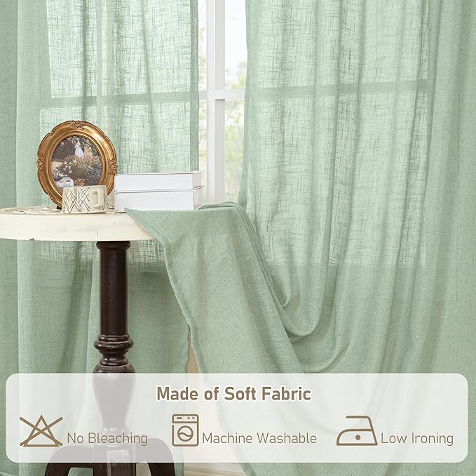LAMIT Fresh Green 72 inch Linen Curtains for Living Room 2 Panels, Linen Textured Light Filtering Semi Sheer Back Tab and Rod Pocket Farmhouse Curtain Panels for Bedroom/Farmhouse, 52 x 72 Inch